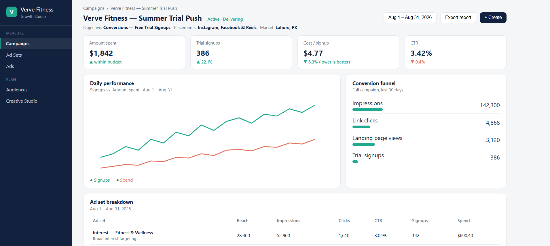 Verve Fitness — Digital Marketing Dashboard designed by Zentora